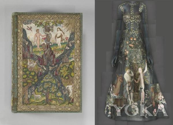 左：圣经与共同祈祷书 右：Maria Grazia Chiuri 和 Pierpaolo Piccioli 为 Valentino设计的晚礼服 图片来自The Metropolitan Museum of Art